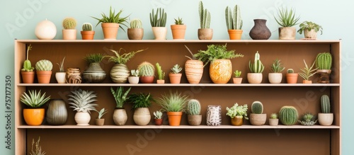 A variety of potted plants in flowerpots of different shapes and sizes are displayed on rectangular hardwood shelving, adding a touch of nature to the interior design