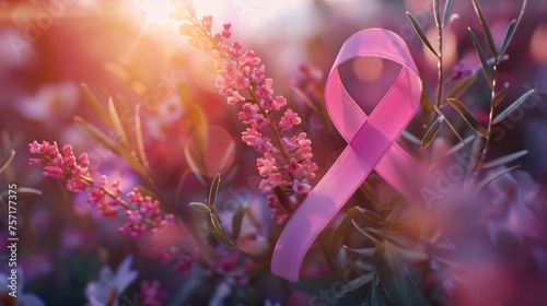 Glowing Pink Ribbon of Hope Among Blooms - Symbolizing Cancer Awareness - Generative AI