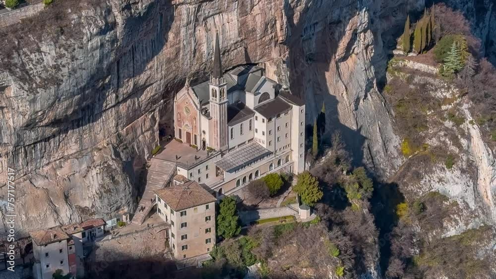 Medieval church Santuario Basilica Madonna della Corona on the cliffs Verona, Italy. High quality 4k footage