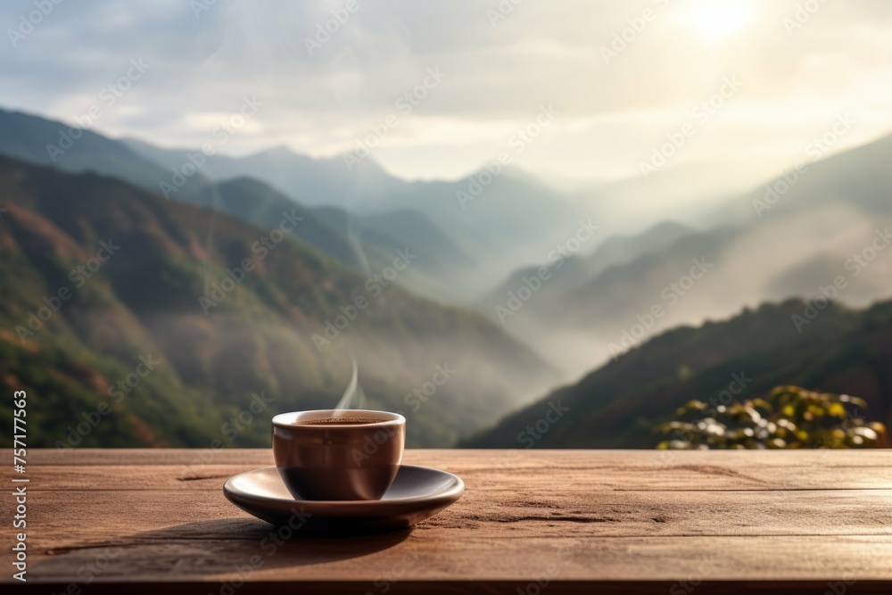 Espresso Coffee Cup with Beans on a Wooden Table with a View of a Mountain Range Espresso Coffee Cup with Beans on a Wooden Table with a View of a Mountain Range