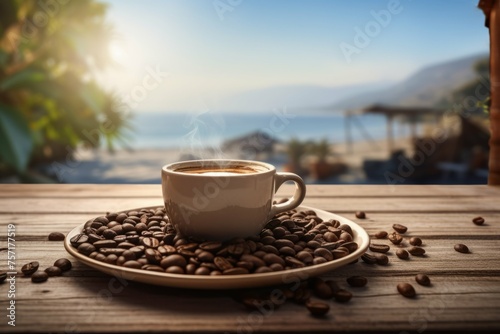 Espresso Coffee Cup with Beans on a Vintage Table with a View of a Beach
