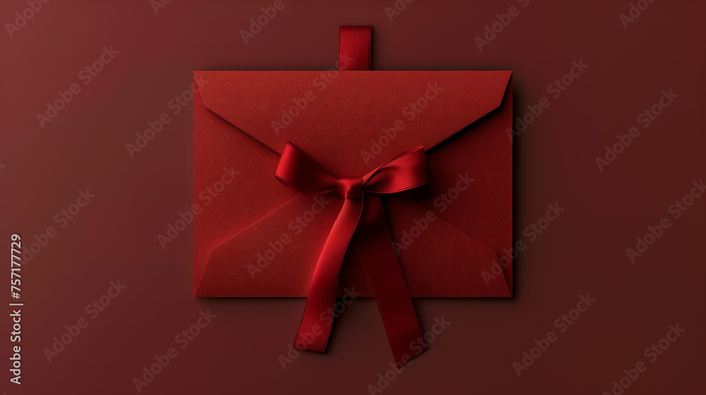 Aesthetic elegant red envelope invitation with ribbon for gala event. Greeting concept. Copy space. Generative AI Aesthetic elegant red envelope invitation with ribbon for gala event. Greeting concept. Copy space. Generative AI