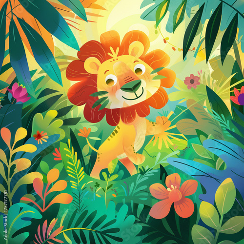 Energetic Jungle Scene with Playful Lion Digital Illustration