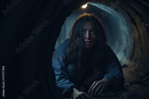 A teenage girl sitting in a tunnel, feeling lost and helpless