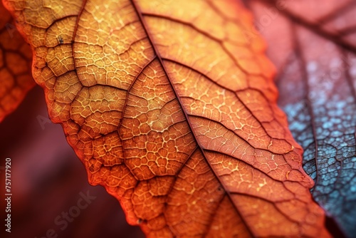 A vibrant, colorful autumn leaf pattern in macro, closeup detail with rich texture and depth of color