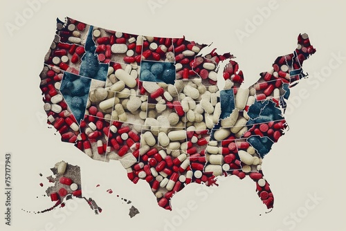 Map of the United States Made up of Pills, An Unconventional Visual Representation of the Country, A map showing the rampant spread of the opioid crisis, AI Generated photo