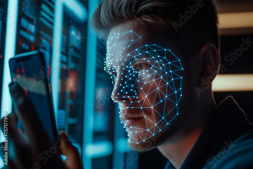 Authentication by facial recognition concept. Biometric. Security system. Business man scanning his face by smart phone to unlock and accessing personal data. Concept of data protection. photo