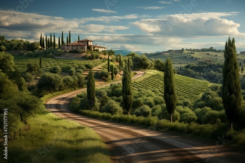 A winding road lined with cypress trees, leading to a distant Tuscan villa, surrounded by rolling hills and lush green vineyards