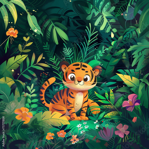 Playful Tiger in Vibrant Jungle Scene Digital Illustration Artwork