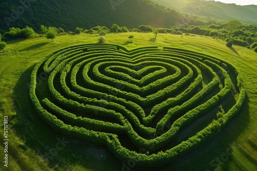 A captivating picture showcasing a heart shaped maze standing out in the middle of a picturesque field, A maze formed in the shape of a heart, AI Generated