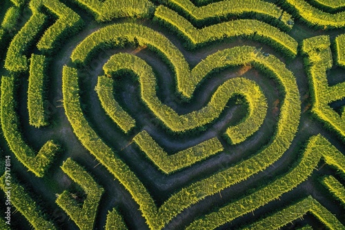 Discover the joy of exploring a heart-shaped maze nestled in the middle of a vast field, A maze formed in the shape of a heart, AI Generated
