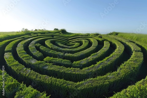 Discover the challenge and excitement of navigating through this expansive circular maze nestled in a picturesque field, A maze formed in the shape of a heart, AI Generated