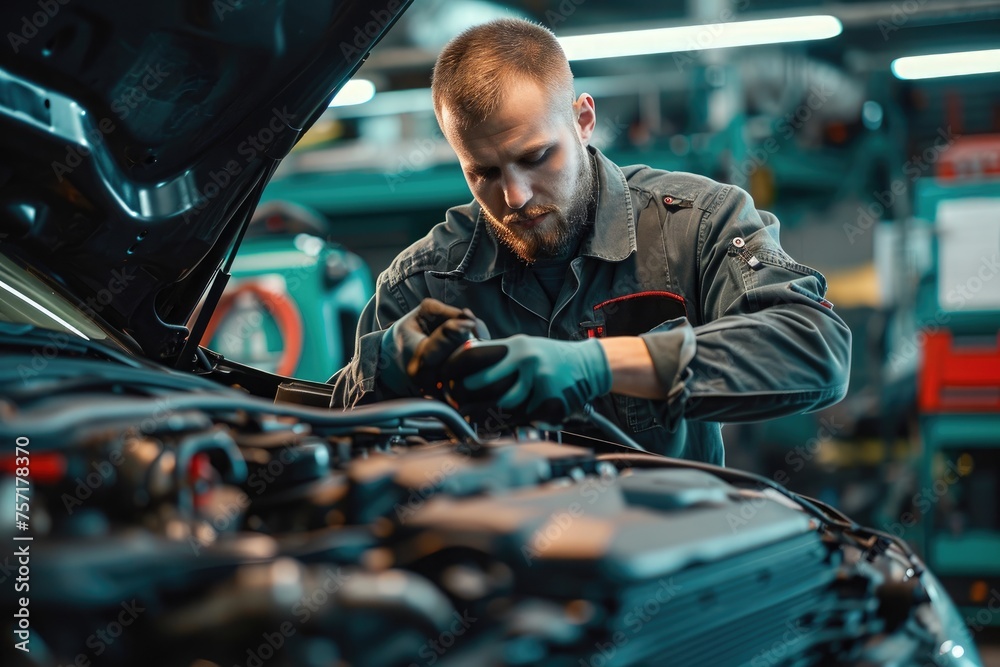 A skilled man is diligently repairing a car engine in his garage, demonstrating his expertise and commitment to fixing the vehicle, A mechanic working on an electric car's engine, AI Generated A skilled man is diligently repairing a car engine in his garage, demonstrating his expertise and commitment to fixing the vehicle, A mechanic working on an electric car's engine, AI Generated