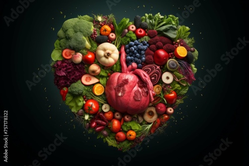 A human heart made out of a combination of fresh fruits and vegetables, with the colors of the heart being vibrant and vivid