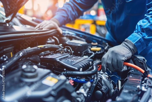 A professional mechanic meticulously repairing a car engine with exceptional precision and expertise, A mechanic working on an electric car's engine, AI Generated