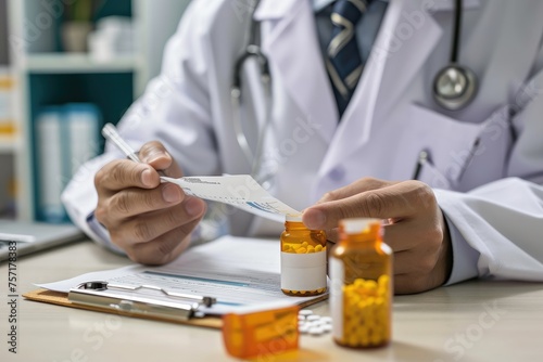 A doctor is seen sitting at a desk, carefully inspecting pills and a bottle, in a medical setting, A medical professional prescribing opioids, AI Generated