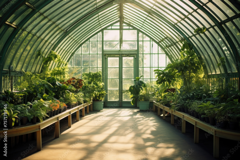 Plants inside a historic greenhouse. Fresh plants, tropical jungle and palms.