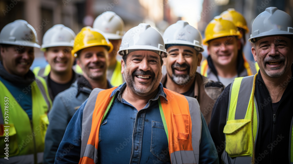 group of smiling builders in hardhats outdoors group of smiling builders in hardhats outdoors