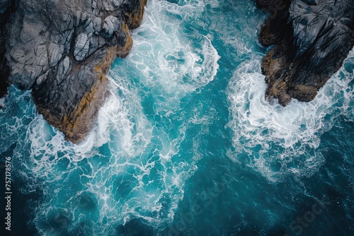 Aerial View of Ocean and Rocks, Breathtaking Nature From Above, A mesmerizing aerial display of a sea dancing around the rocky beach, AI Generated