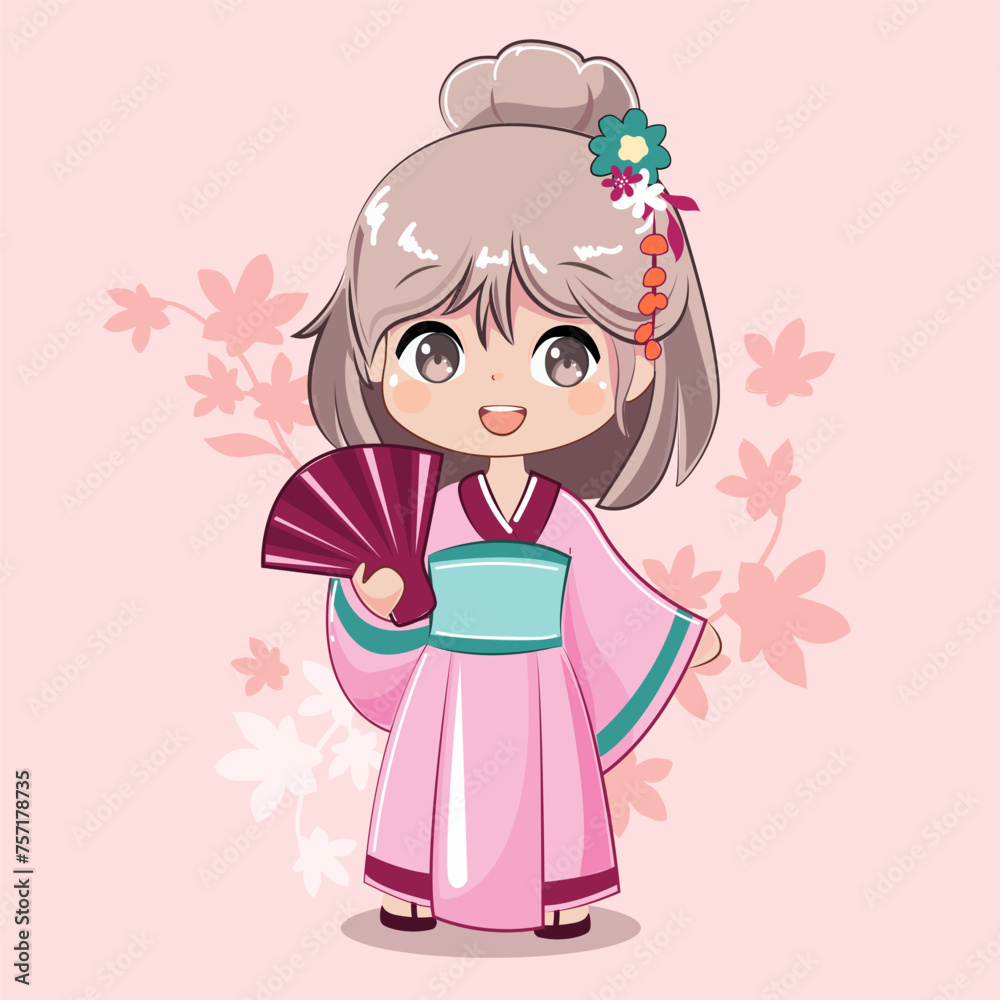 Cute cartoon little girl in anime style wearing a pink kimono on a pink background. Vector illustration design print for t-shirt Cute cartoon little girl in anime style wearing a pink kimono on a pink background. Vector illustration design print for t-shirt