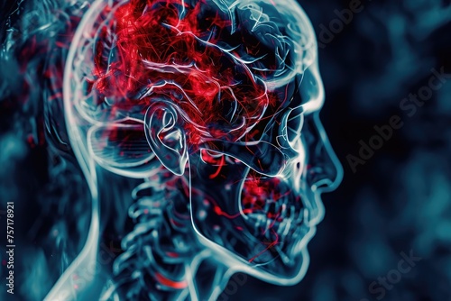 An anatomically accurate illustration of a human head with the brain highlighted in red for educational purposes, A microscopic view of a concussion injury, AI Generated photo