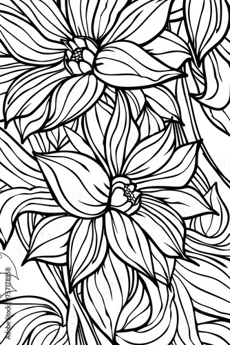 Stylish black and white illustration of blooming flowers with detailed petals  perfect for backgrounds or textile design