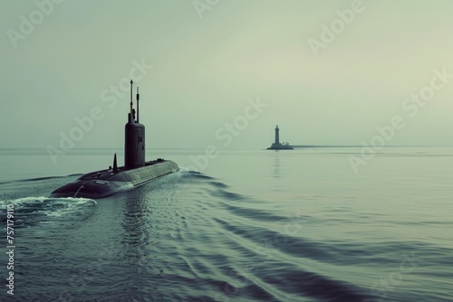 A submarine is seen floating in the vast expanse of a serene body of water, A military submarine just beginning to break the water's surface, with a lighthouse in the far distance, AI Generated