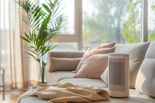 Air purifier in living room show air pollution levels in the room. Protect PM 2.5 dust. Human Health and Technology concept. Fresh air.