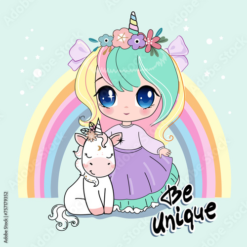 Cute cartoon little girl in anime style with unicorn and rainbow. Vector illustration chibi fairy girl for children t-shirt print