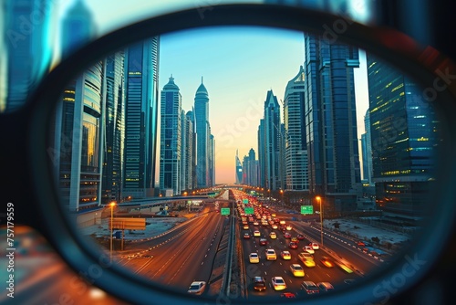 A view of a bustling cityscape seen through a magnifying glass, showing the intricate details and urban landscape, A modern cityscape seen through Google glasses, AI Generated