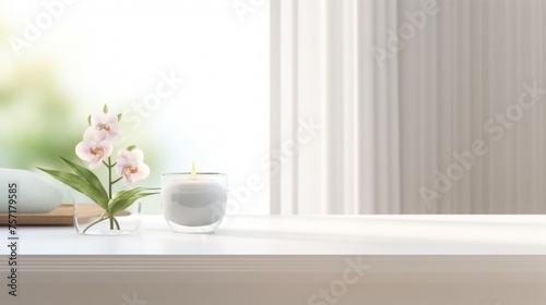 white table for mockup with a blurred elegant spa room in the background