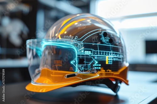Hard Hat With Safety Goggles for Enhanced Head Protection at Construction Sites, A modern construction helmet with heads up display (HUD) technology, AI Generated