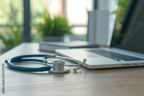 healthcare and medicine background. Medical stethoscope and laptop computer on table with copy space. Online medical e-health education Health business web banner
