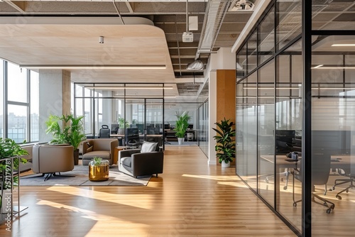 Bright Office Space With Abundant Windows and Lush Greenery, A modern open-concept office with glass dividers, AI Generated