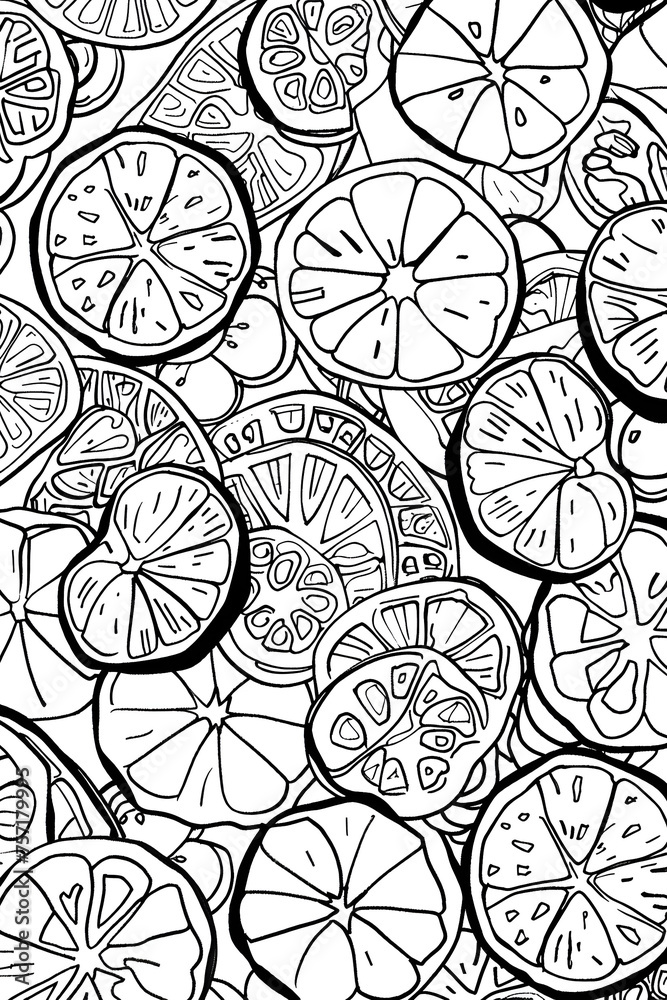 A graphic, black and white illustration showcasing a repetitive pattern of various citrus fruit slices, offering a fresh, zesty appeal