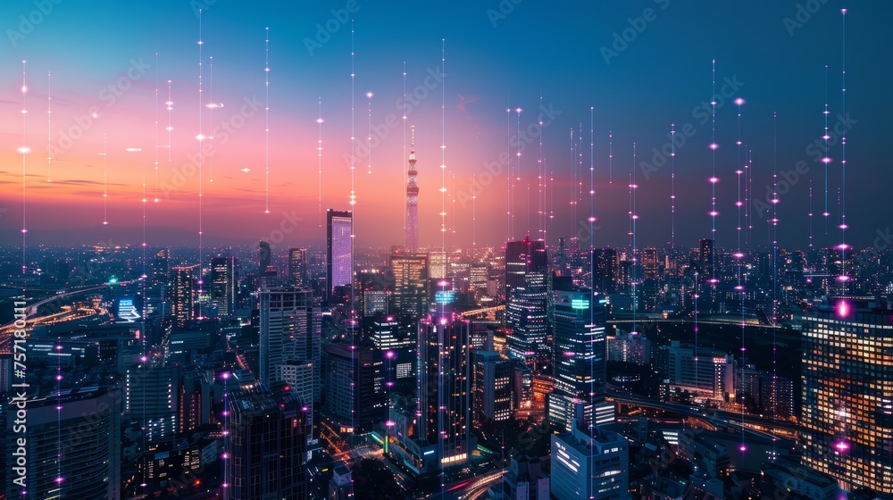 Concept of modern cityscape and communication network. Telecommunications. IoT (Internet of Things). ICT (Information Communication Technology). 5G. Smart city. Digital transformation.