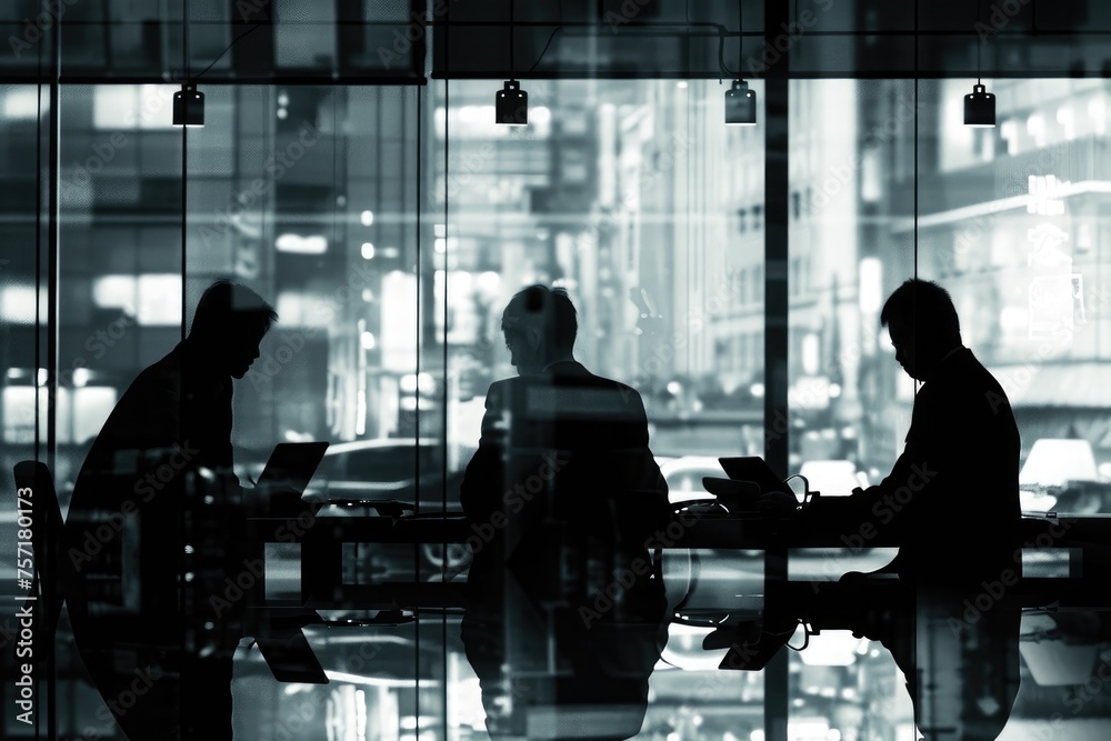 A group of individuals sits around a table, enjoying each others company, against the backdrop of a window, A monochrome silhouette of financial advisors at work, AI Generated