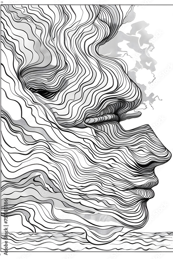 The image features a black and white abstract representation of topographical lines, commonly used in geographic maps to indicate elevation