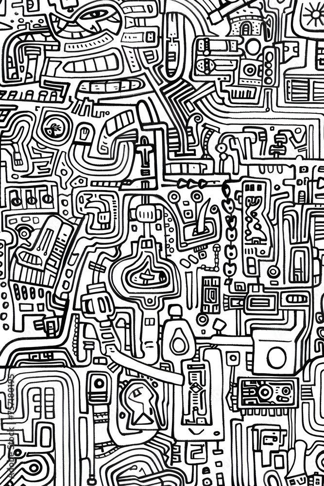 The image portrays a complex network of interconnected lines resembling an electronic circuit or a city map in black and white