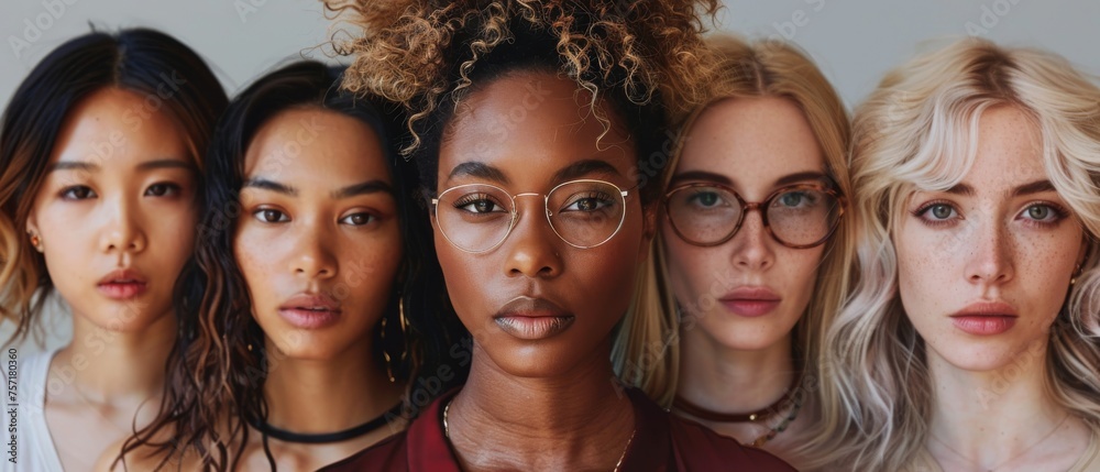 Different ethnicities of woman with different types of skin standing together and looking at camera. Diverse ethnicity of women - Caucasian, African, Asian against beige background.