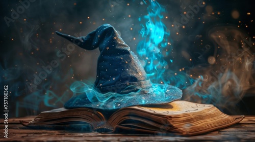 An open book adorned with a wizard hat on top