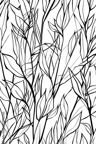Delicate branches filled with leaves spread across the image, forming a serene and detailed black and white pattern