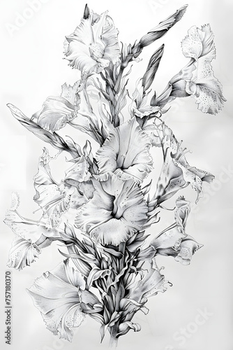 Stunning detailed pencil sketch of gladiolus flowers with intricate shading, creating a realistic and artistic representation
