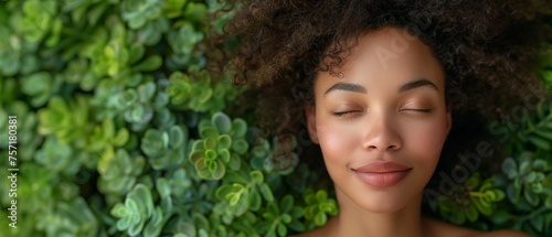 Portrait of a young beautiful african American woman posing against a background of green exotixc plants. Natural skin care idea.