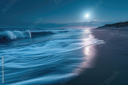 A serene beach scene where a full moon shines brightly, casting its light over the calm ocean waters, A moonlit beach with gently crashing waves making soft patterns in the sand, AI Generated