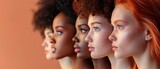Multi-Ethnic group of women, each with a different type of skin color against a beige background. Caucasian, African American and Asian women are all together.