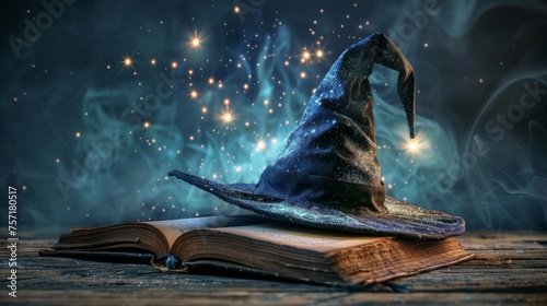 An open book nestled under a wizard hat, symbolizing magic and knowledge © Muhammad