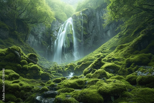A stunning waterfall flows gracefully amidst the vibrant greenery of a dense forest  A moss-covered forest with a hidden waterfall  AI Generated