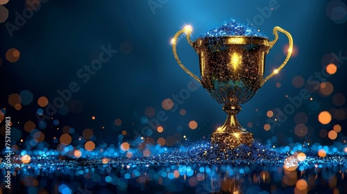 Detailed horse trophy with a polygonal wireframe composition. Concept of gold award for champion. Abstract polygonal silhouette isolated on blue background.