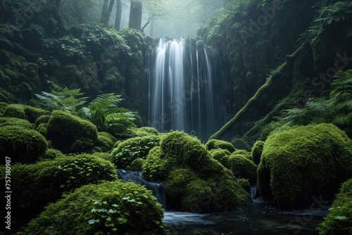 A breathtaking waterfall cascades through a vibrant green forest  displaying the serene beauty of nature  A moss-covered forest with a hidden waterfall  AI Generated